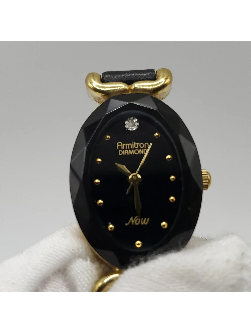 Armitron Diamond Now Black Dial Oval Gold Tone Case Watch New Battery 18mm